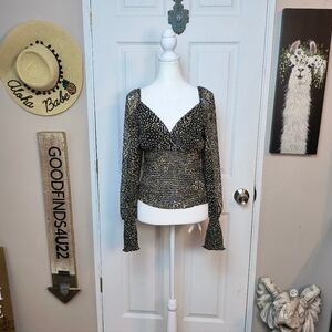 Steve Madden Shannon Chiffon Smocked Blouse Long Sleeve Black Womens Size S NWT